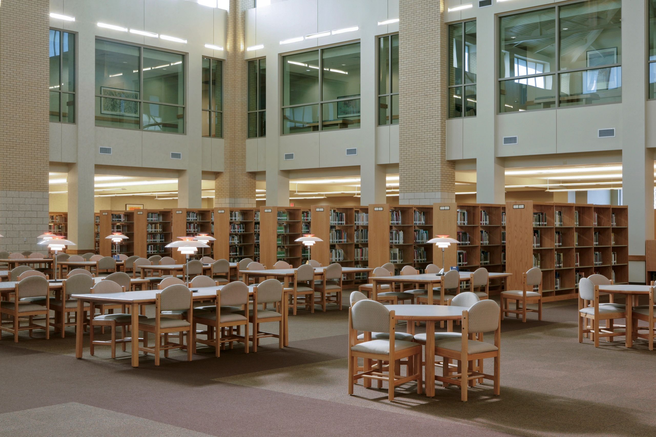 Wide shot of a library with bookshelves